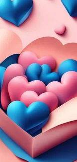 Colorful 3D heart wallpaper with pink and blue hues in a decorative layout.