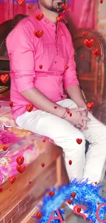 Wallpaper with pink shirt and floating red hearts.