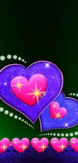 Colorful mobile wallpaper with pink hearts on green background.