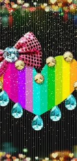 Colorful heart with gems on a vibrant, striped background.