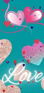 Teal background with colorful hearts and 'Love' text design.