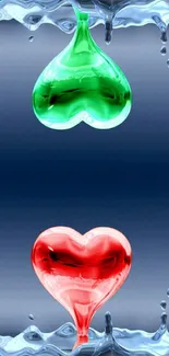 Colorful hearts and water droplets on a blue background