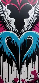 Colorful graffiti art with heart-shaped wings and drips.