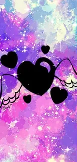 Whimsical winged heart on a colorful splash background.