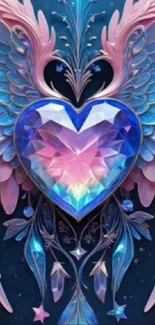 Vibrant heart with angelic wings on a colorful wallpaper.