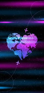 Vibrant heart-shaped world map wallpaper with airplanes.