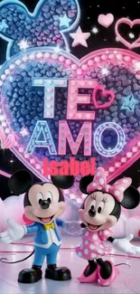 Colorful cartoon wallpaper with heart design and beloved characters.