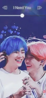 Two smiling friends with colorful hair, surrounded by hearts.