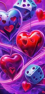 Colorful hearts and dice on a vibrant purple background.