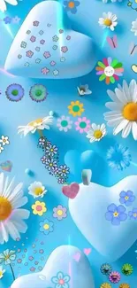 Colorful hearts and flowers on sky blue background wallpaper.