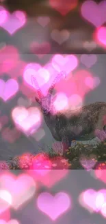 Goat amidst glowing pink heart shapes on a vibrant nature background.