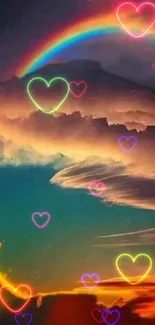 Vibrant wallpaper with neon hearts and a rainbow-lit sky.