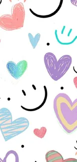 Colorful hearts and smiley faces on a white background wallpaper.