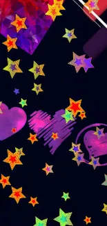 Colorful hearts and stars on dark background wallpaper.