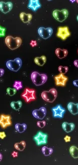 Colorful glowing hearts and stars on a black background wallpaper.