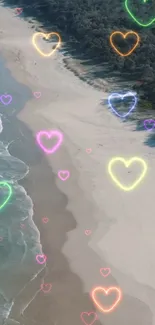 Colorful hearts over a serene beach scene with waves and sand.