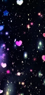 Vibrant galaxy wallpaper with hearts and stars.