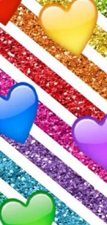 Colorful heart and glitter stripe wallpaper background.