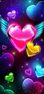 Colorful glowing hearts with wings on dark background.