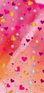 Colorful hearts and dots on a pink background wallpaper.