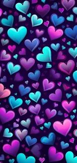 Colorful hearts pattern on a purple background.