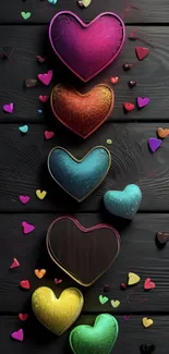 Colorful heart designs on a black background for mobile wallpaper.