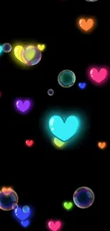 Vibrant mobile wallpaper with colorful hearts and bubbles on a dark background.