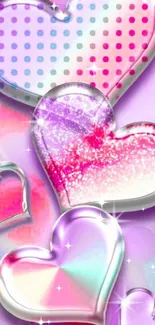 Vibrant glass heart designs on a pastel lavender background.