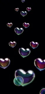 Vibrant hearts on a black background create an elegant phone wallpaper.