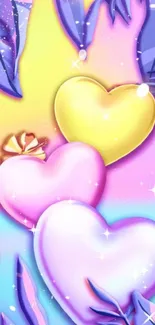 Colorful wallpaper with pastel hearts and leaves.