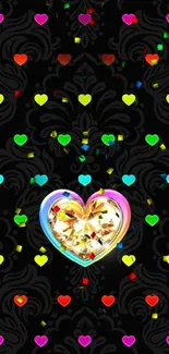 Vibrant wallpaper with colorful hearts and a central gem on a black patterned background.