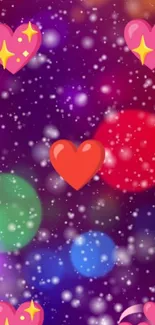 Colorful wallpaper with hearts and bokeh effect.