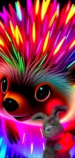 Neon hedgehog with vibrant colors and a cute bunny.