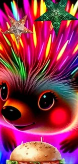 Colorful hedgehog with neon spikes and stars above.