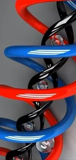 Colorful DNA helix with red, blue, and black strands.