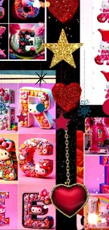 Vibrant Hello Kitty collage wallpaper with colorful letters and hearts.