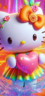Hello Kitty in a vibrant fairy costume, holding a heart.