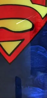 Vibrant superhero logo on a blue background.