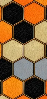 Colorful hexagon pattern wallpaper with orange and black hues for mobile screens.