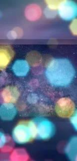 Colorful galaxy wallpaper with hexagonal bokeh lights.