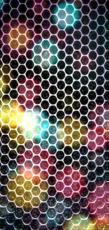 Colorful hexagonal pattern wallpaper with vibrant neon lights.