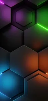 3D hexagonal wallpaper with colorful lighting effects and geometric pattern.