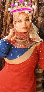 Woman in vibrant hijab with glitter and digital crown effect.