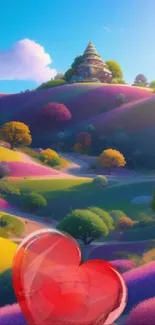 Wallpaper with colorful hills and a red heart under blue skies.