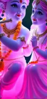 Colorful depiction of Hindu deities with vibrant pink hues.