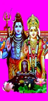Colorful Hindu deities illustration on vibrant background.
