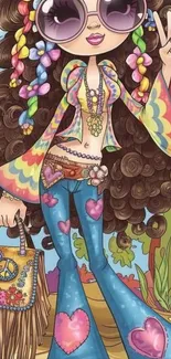 Colorful cartoon hippie with a retro style.