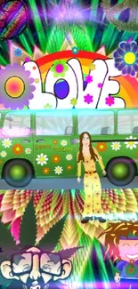 Colorful hippie van with psychedelic art and rainbow background.