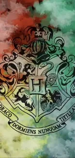 Hogwarts crest on colorful cloudy background.