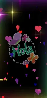 Colorful 'Hola' wallpaper with hearts and butterflies on a dark background.